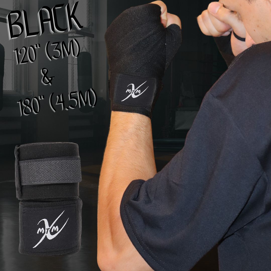 180" (4.5m) - Black - Muay Thai Masters Premium Cotton Hand Wraps for Muay Thai and Boxing