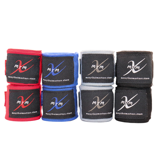 120" (3m) -  4 Pair Variety Pack - Muay Thai Masters Cotton Hand Wraps for Muay Thai and Boxing (Red, Blue, Gray, Black)